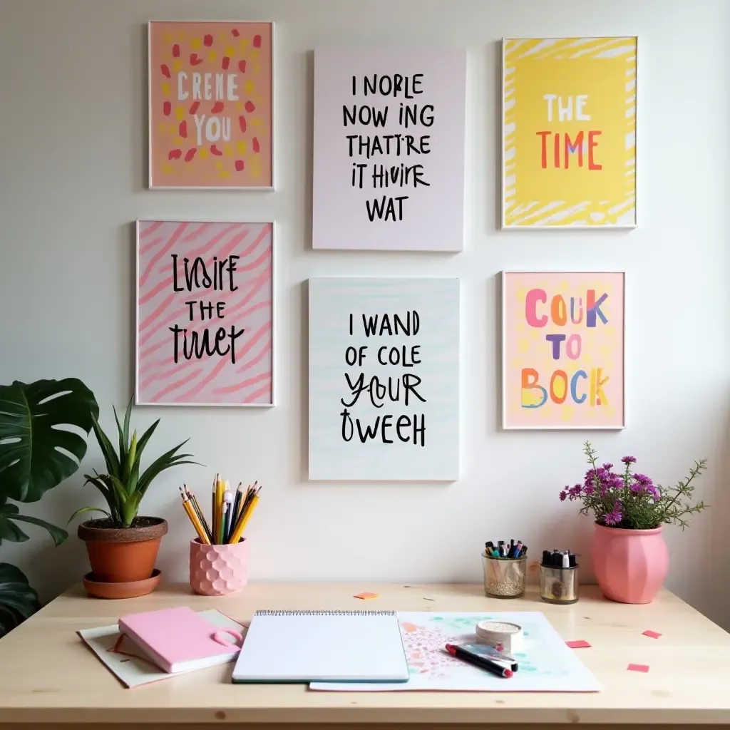 a photo of a creative desk area with colorful stationery and inspiring quotes