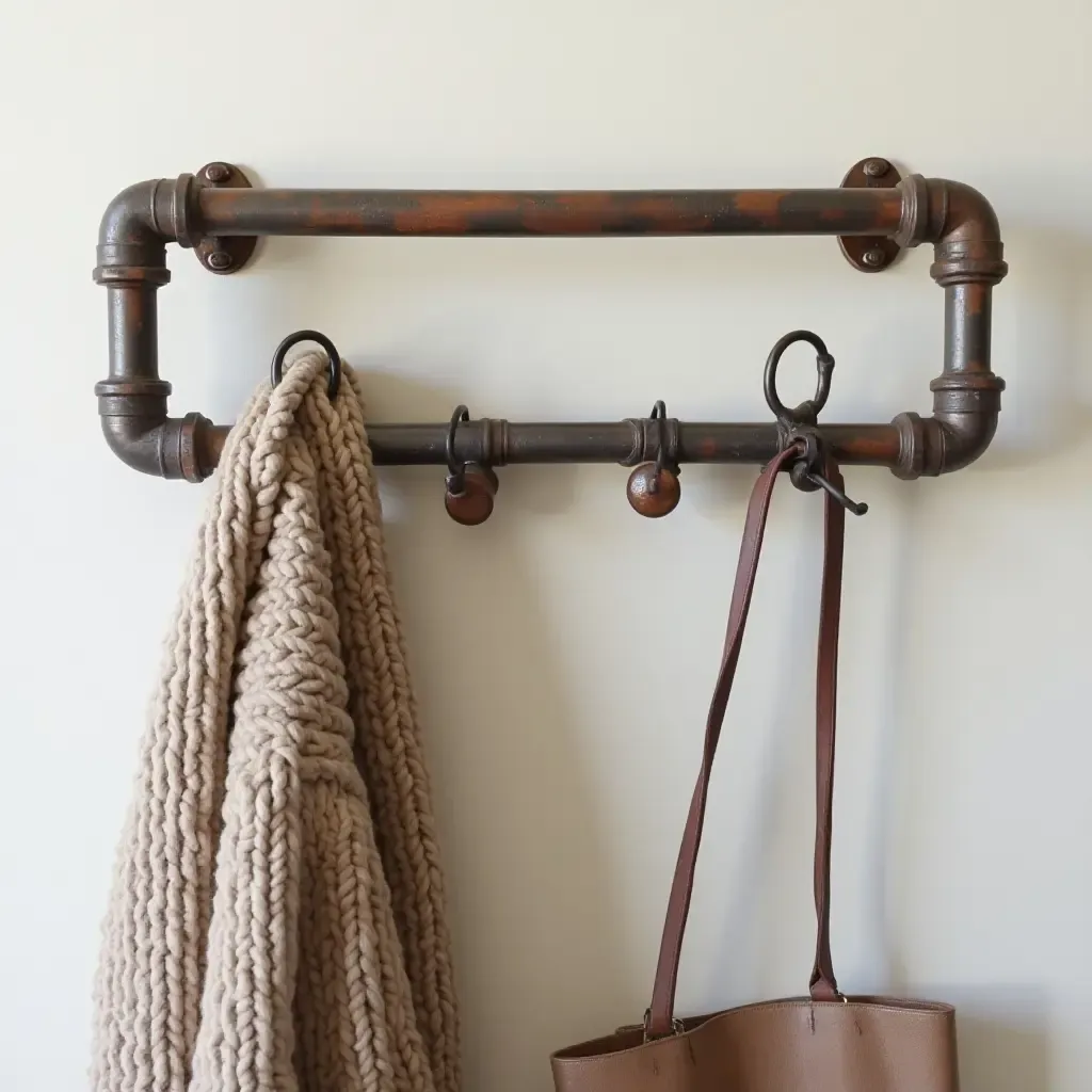 a photo of a rustic coat rack made from old pipes