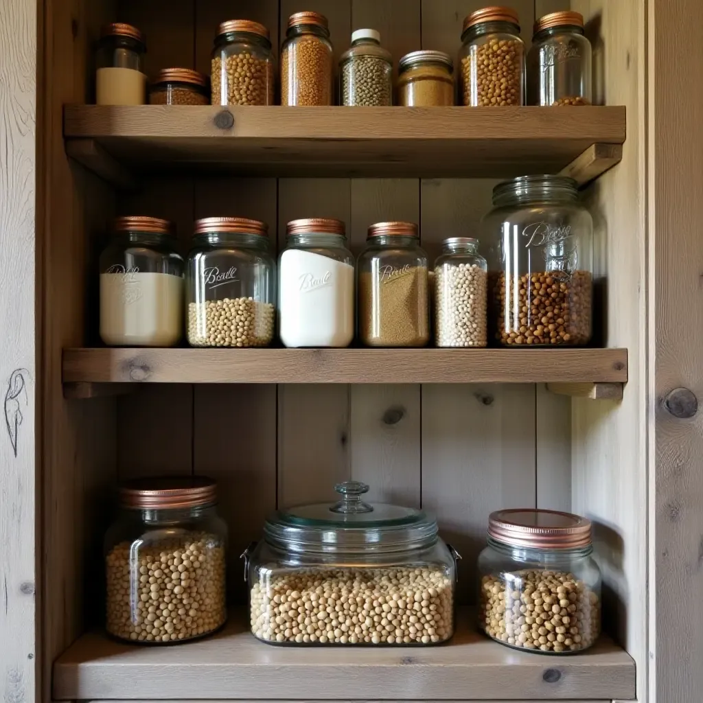 a photo of a rustic pantry filled with mason jars and reclaimed wood accents