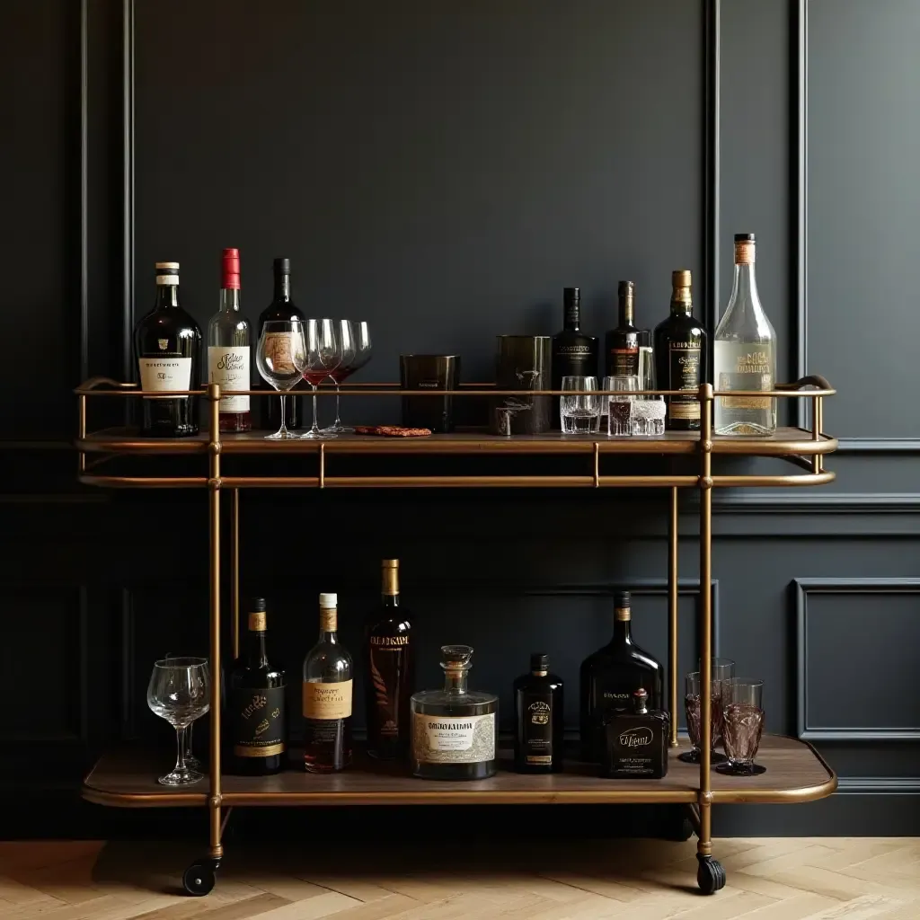 a photo of a stylish bar cart filled with dark glassware and spirits