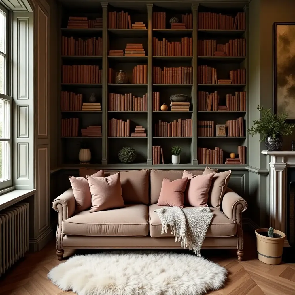 a photo of a cozy library corner with a plush rug and soft cushions