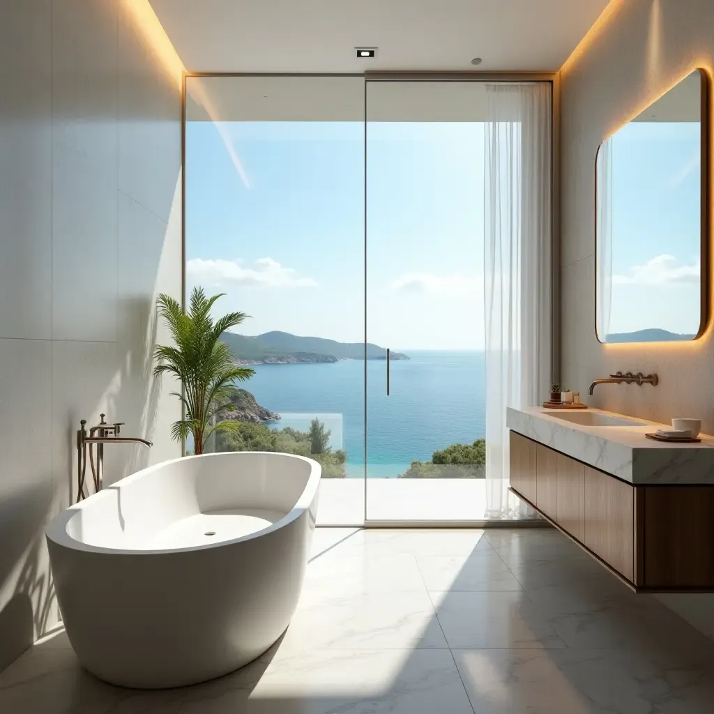 a photo of a bathroom with a beautiful view of the Mediterranean coastline