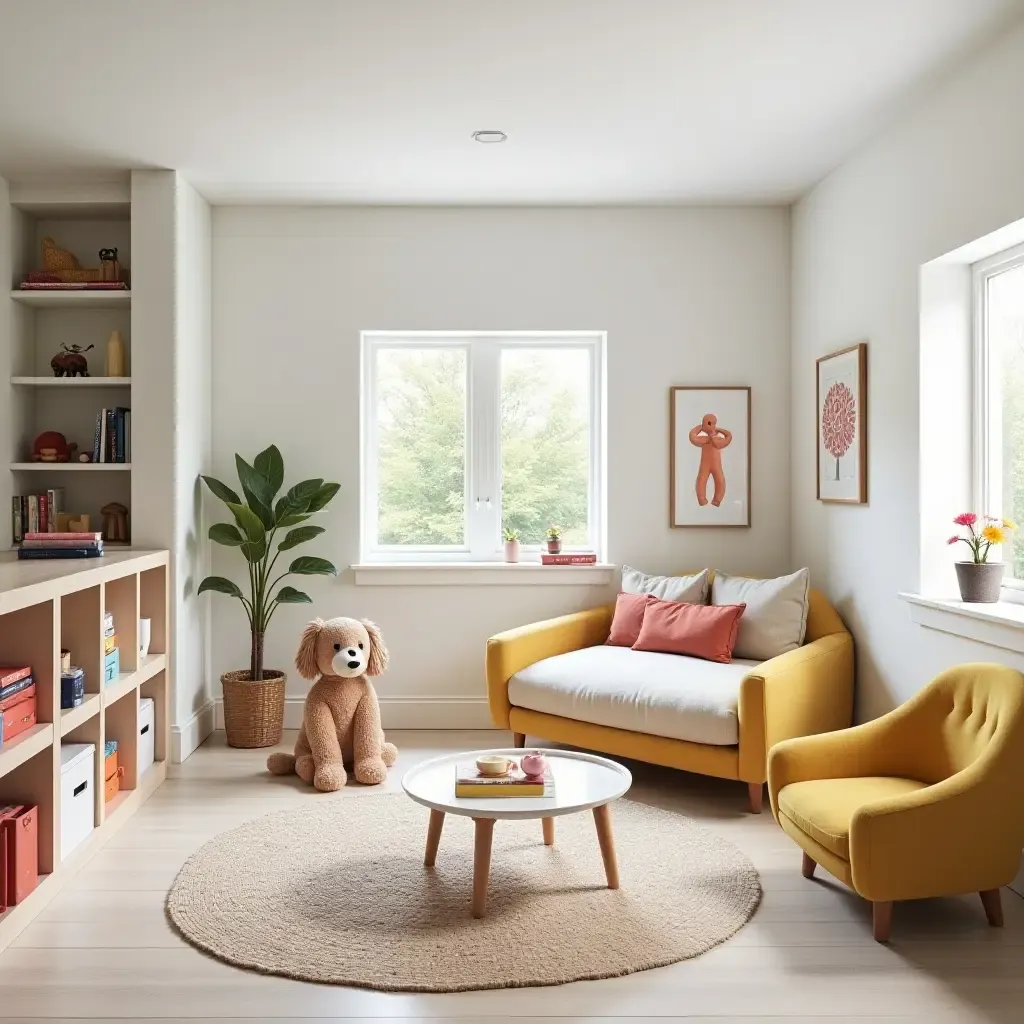 a photo of a bright and airy basement playroom for kids with colorful decor