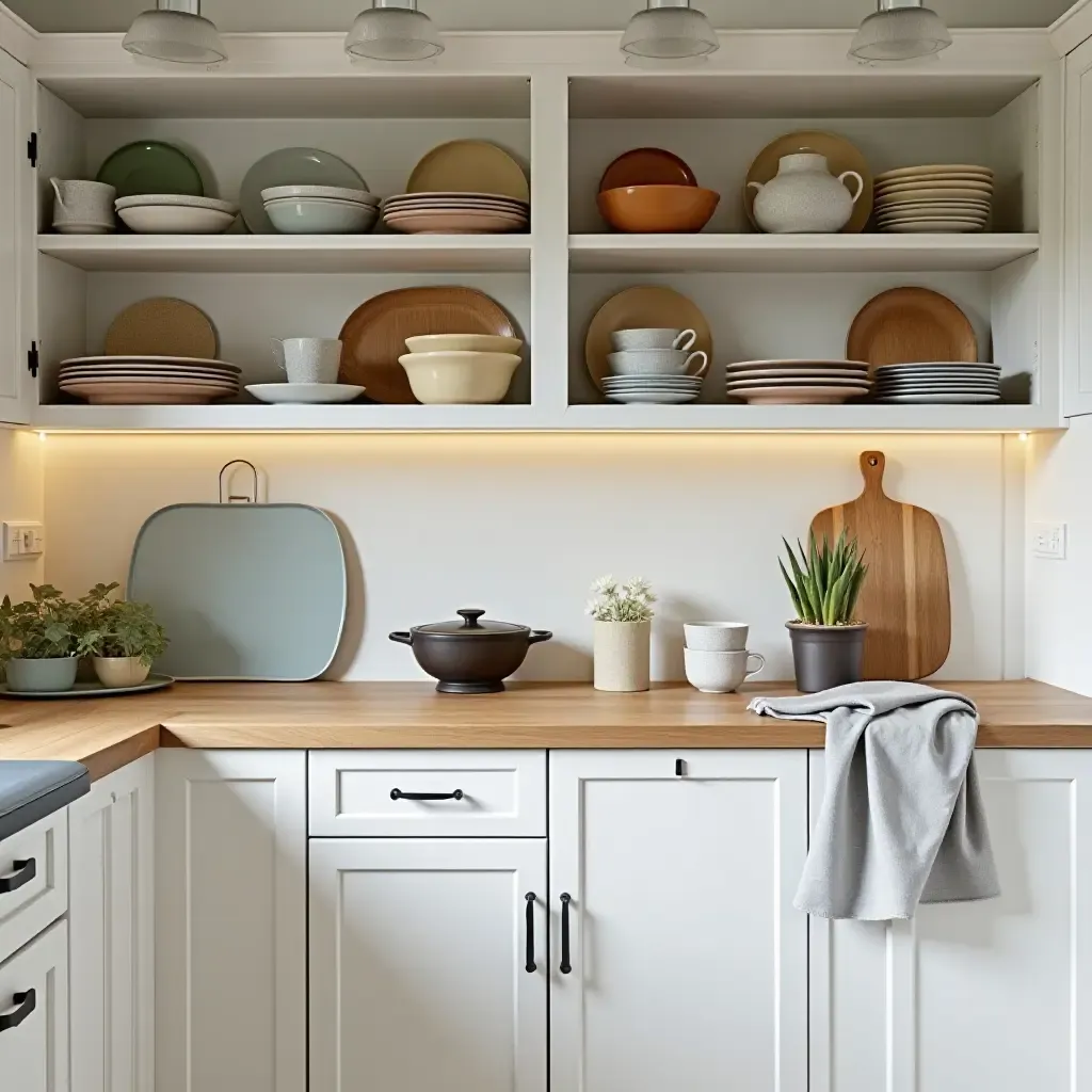 a photo of a kitchen with open cabinets filled with colorful dishes