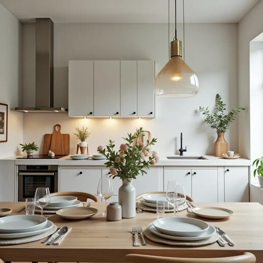 a photo of a kitchen with a beautiful centerpiece and stylish tableware