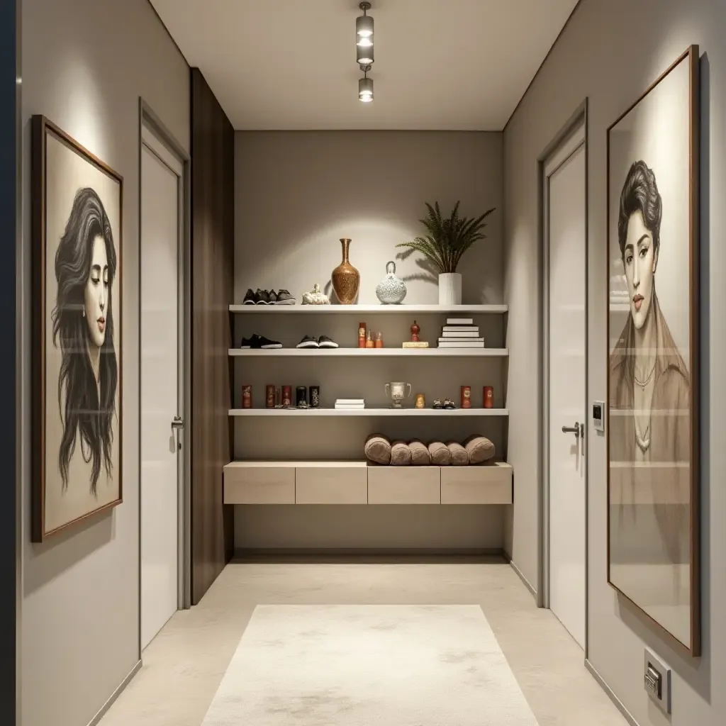 a photo of a trendy corridor with artistic wall shelves and unique decor