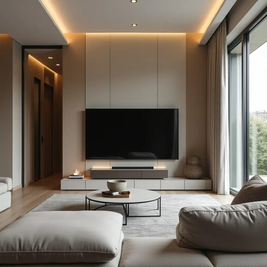 a photo of a modern small living room showcasing a retractable TV and sleek furniture