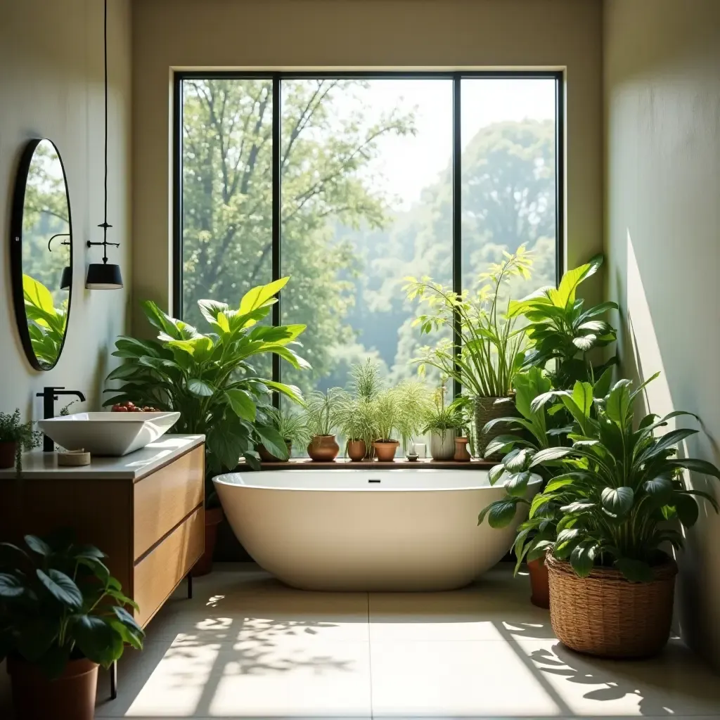 a photo of a bathroom filled with natural light and plants