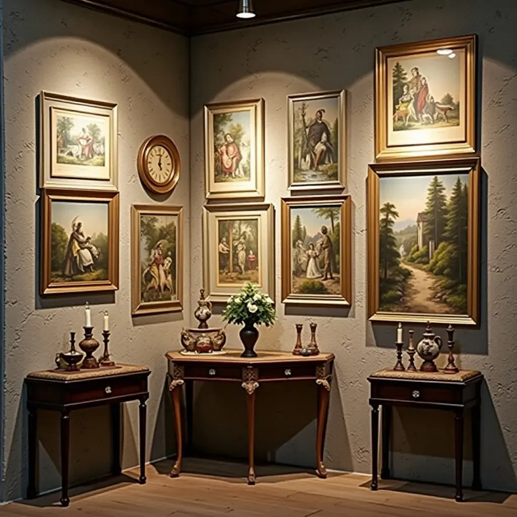 a photo of vintage artwork displayed in a basement gallery wall