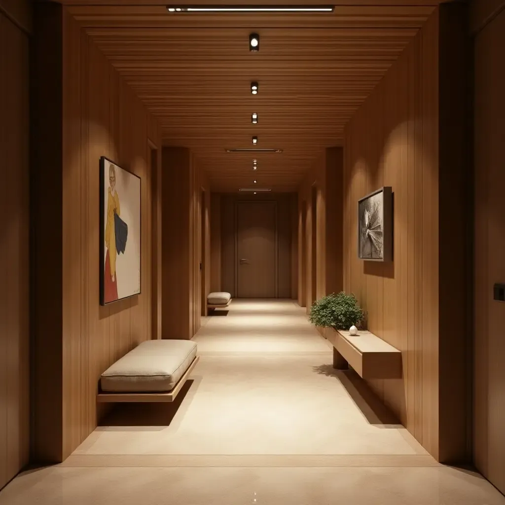 a photo of a corridor with wooden elements and cozy decor