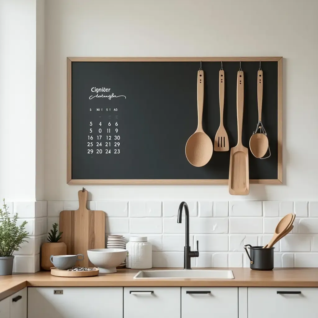 a photo of a minimalist kitchen with a large chalkboard calendar and chic utensils