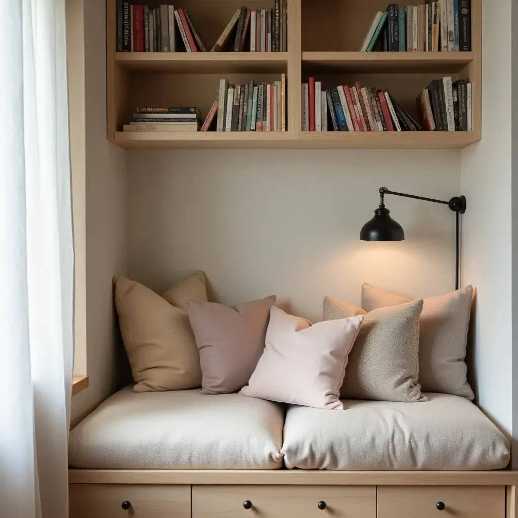 a photo of a cozy reading nook in a kids&#x27; bedroom with fabric cushions, wooden bookshelves, and metal lamp