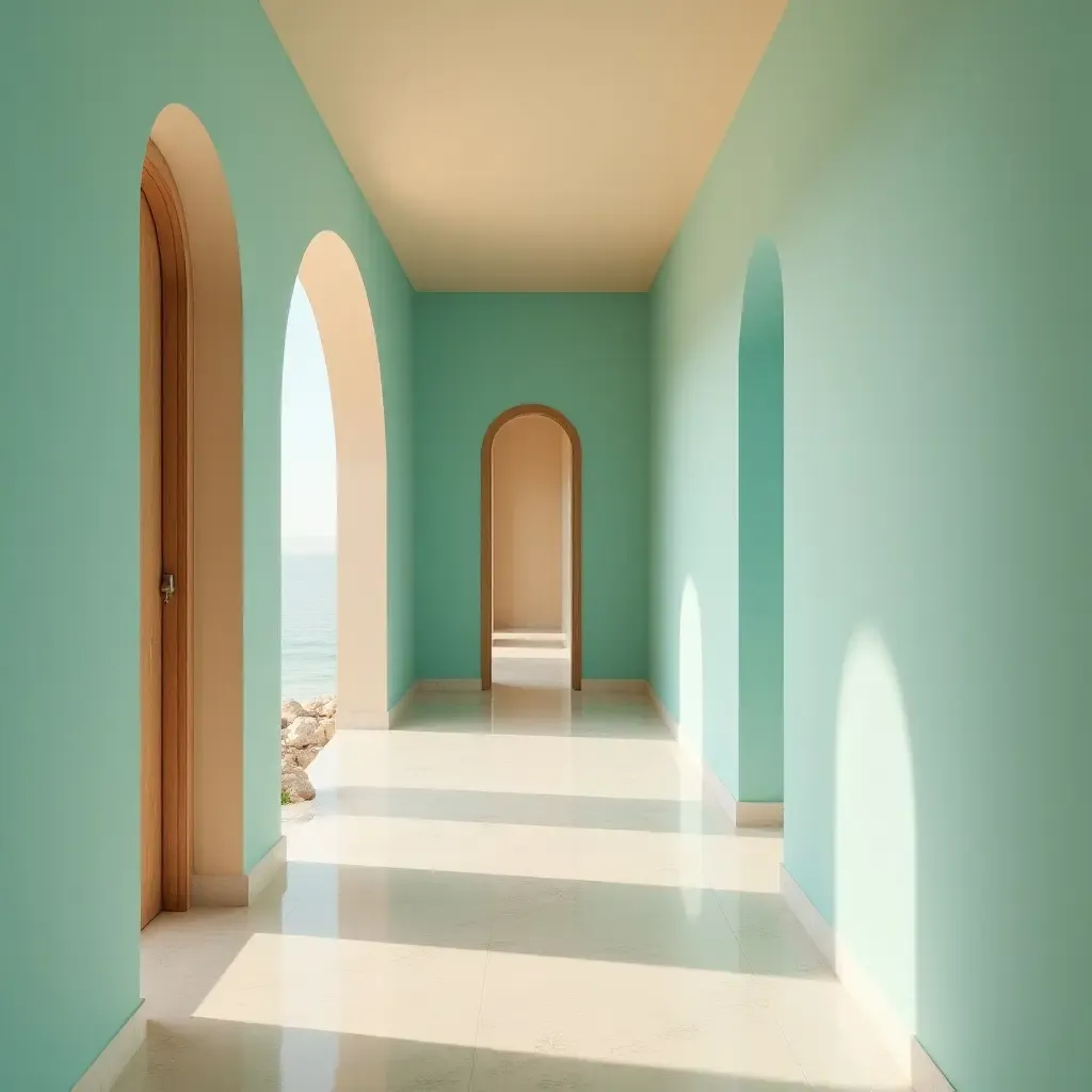 a photo of a refreshing aqua and sandy beige corridor