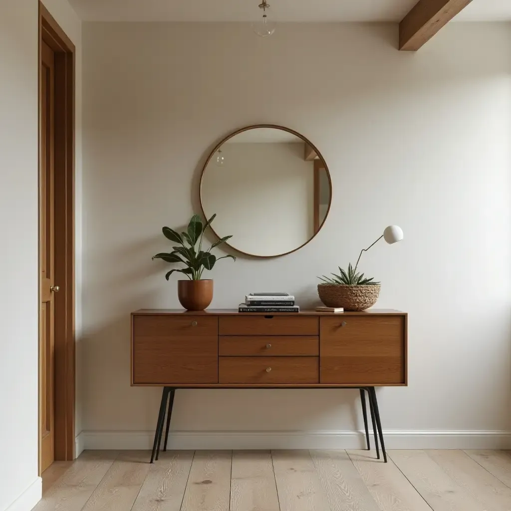 a photo of a retro console table in a basement hallway