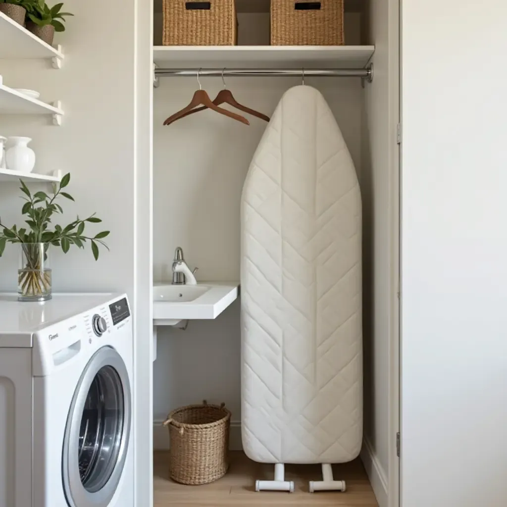 a photo of a compact laundry room featuring a foldable ironing board