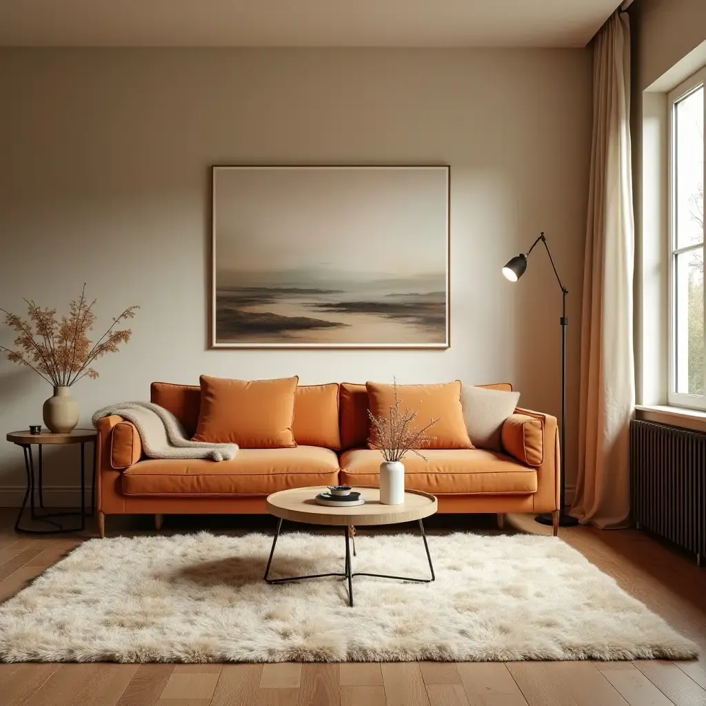 a photo of a living room with a soft, plush carpet and warm colors