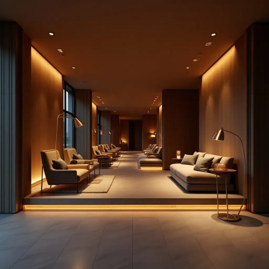 a photo of a modern lounge with a sleek design and ambient lighting