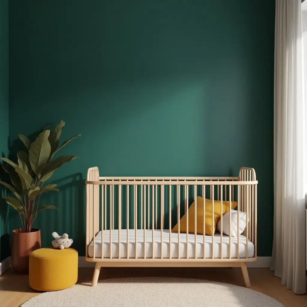 a photo of a nursery showcasing deep teal and warm gold