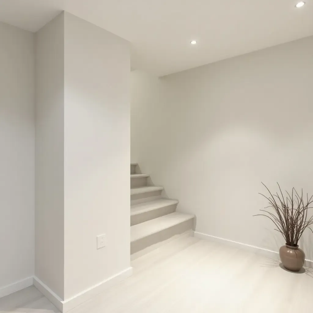 a photo of a minimalist basement featuring a light color palette and simple decor