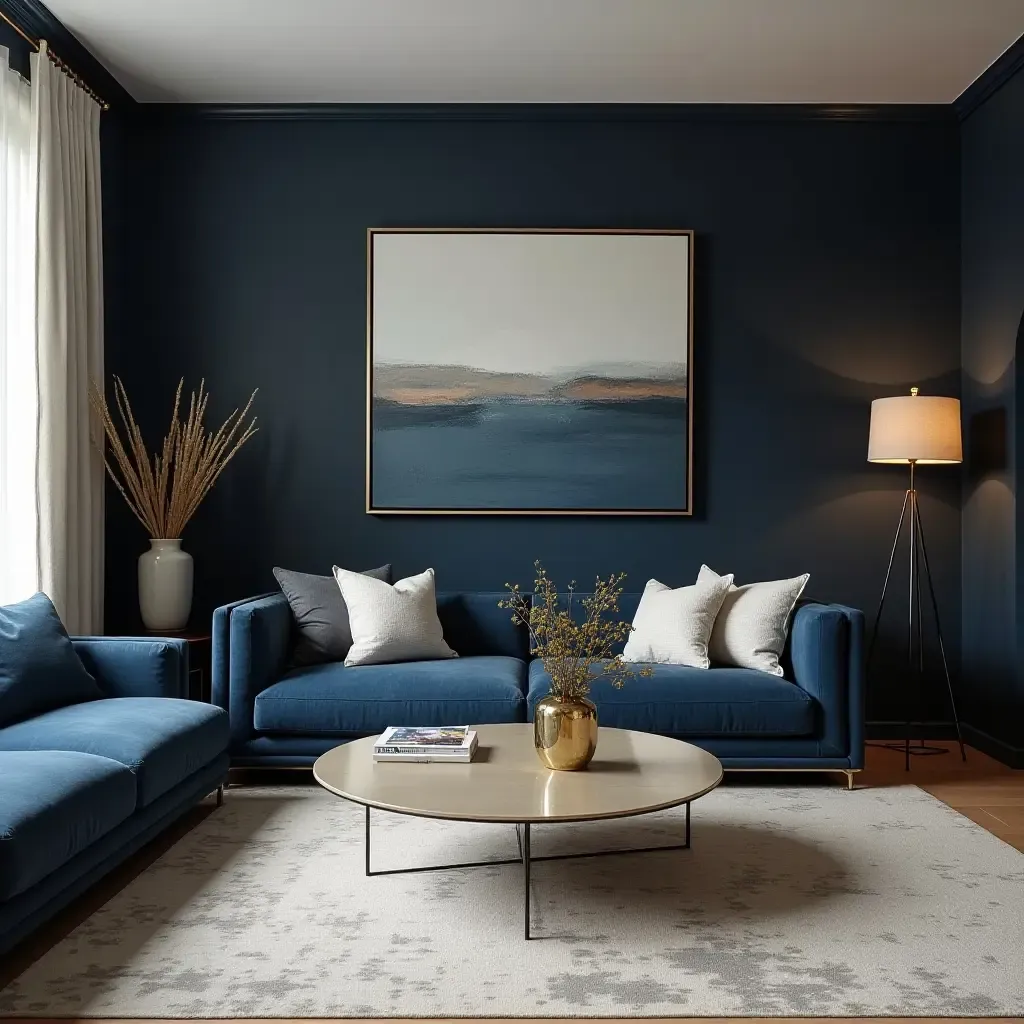 a photo of a sophisticated living room with navy and gold accents