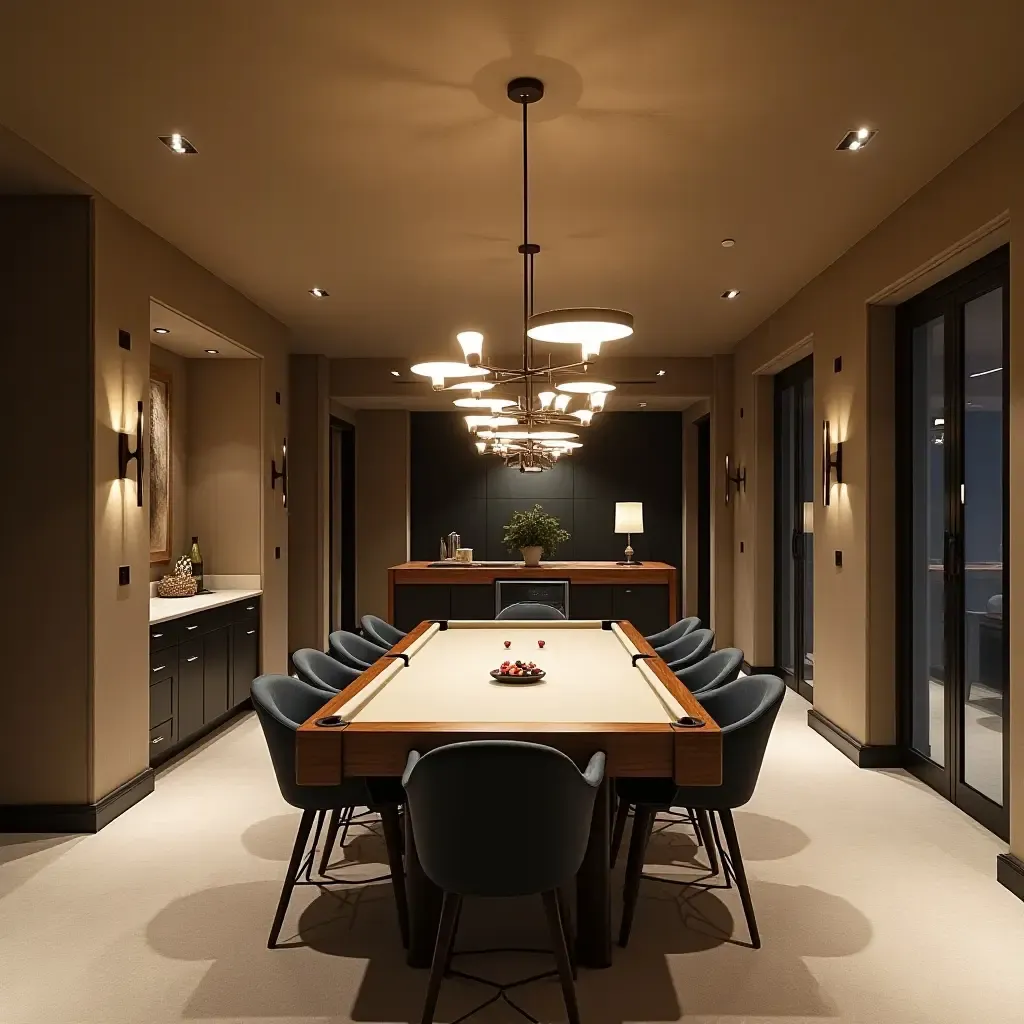 a photo of a spacious basement with modern pendant chandeliers