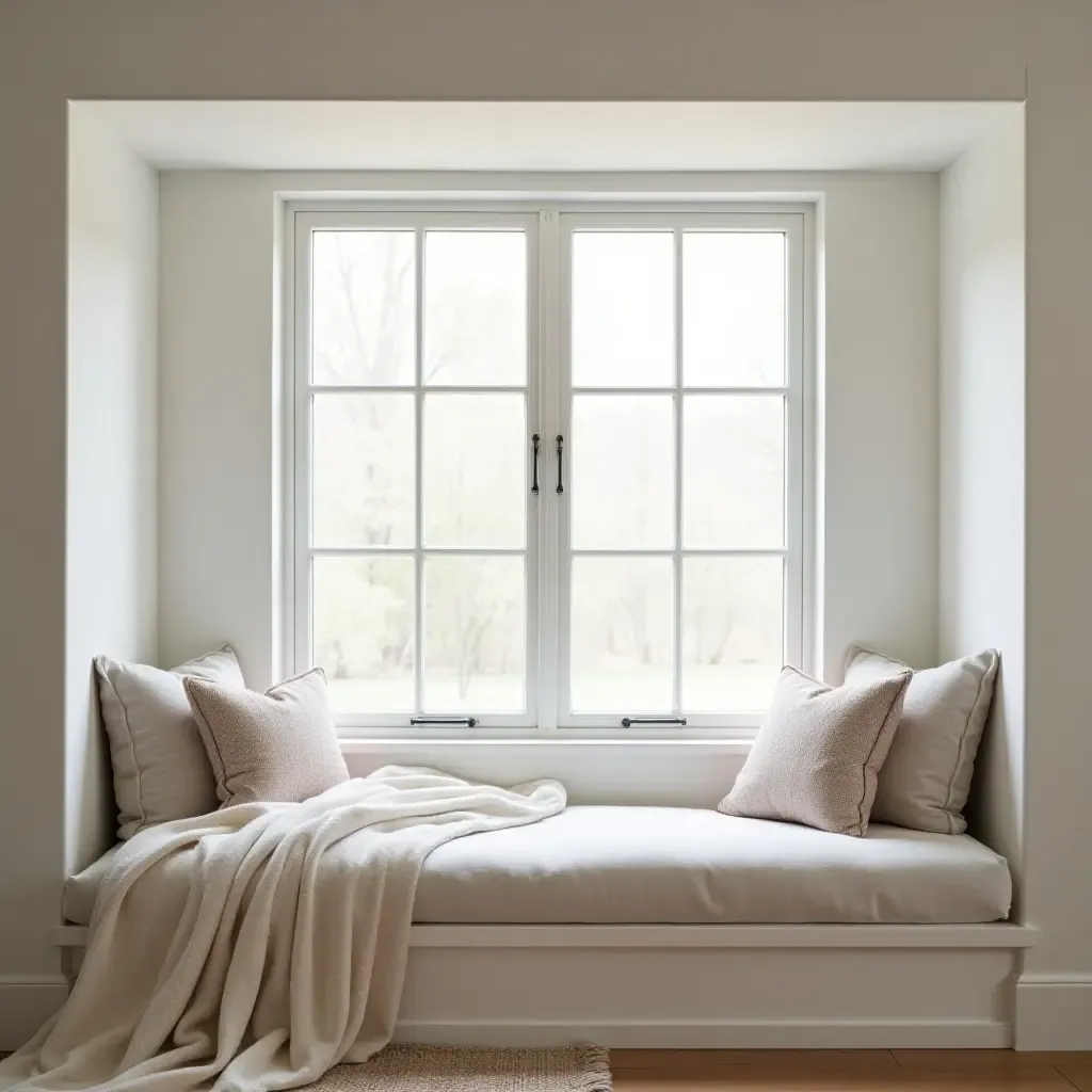 a photo of a cozy farmhouse bedroom with a window seat and soft cushions