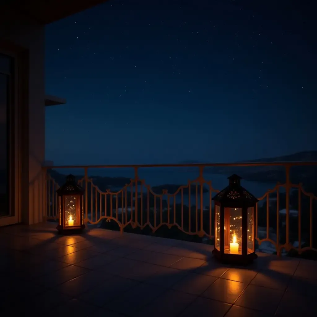 a photo of a balcony with wooden lanterns and a starry night