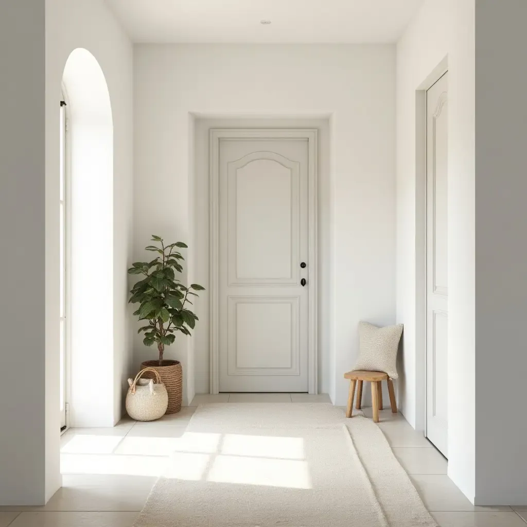 a photo of a bright and airy entrance with white walls and cozy textiles