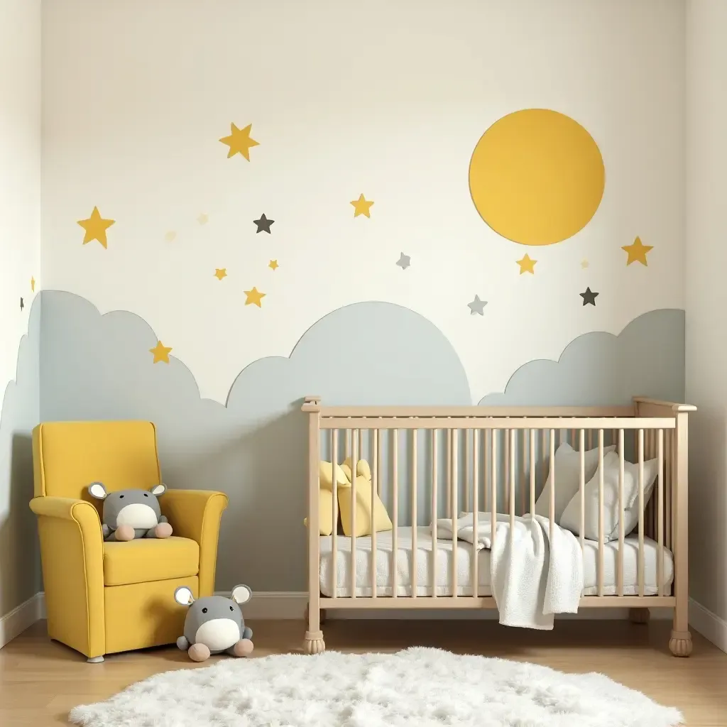 a photo of a charming pastel yellow and grey nursery with animals