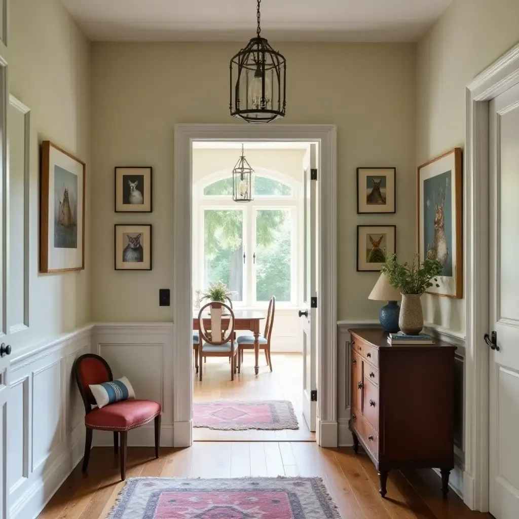 a photo of an entrance hall decorated with whimsical animal portraits and vintage furniture