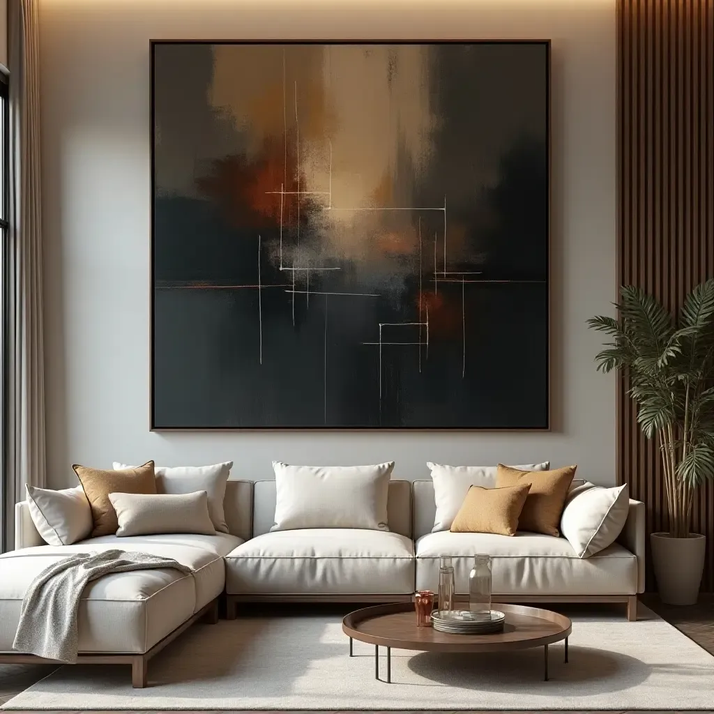 a photo of a living room with a large, abstract art piece in dark tones