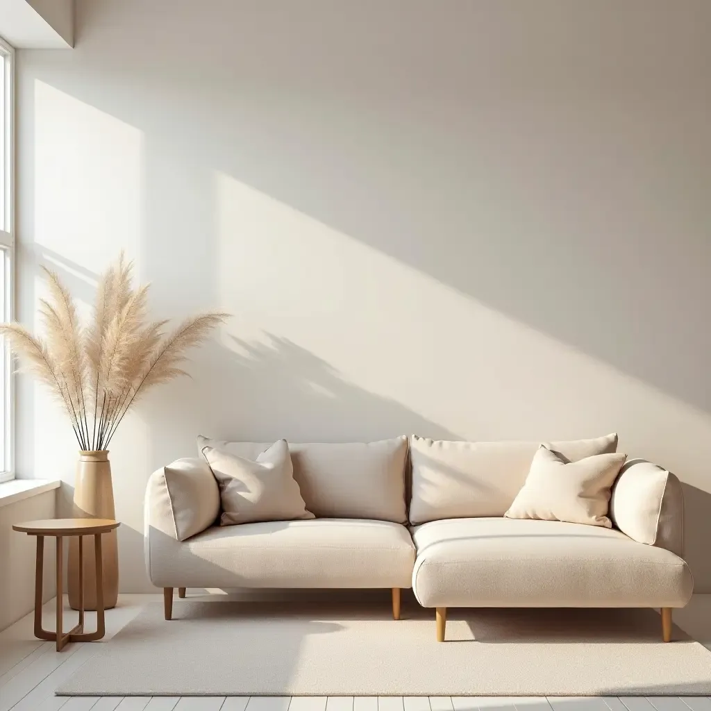 a photo of a chic living room with a soft pastel accent wall and elegant furnishings