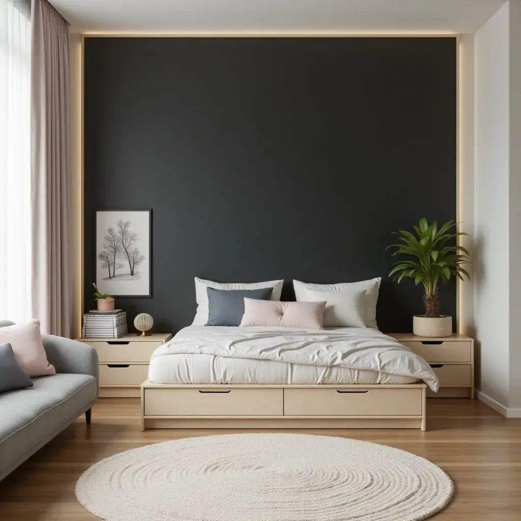 a photo of a kids&#x27; room featuring a chalkboard storage wall