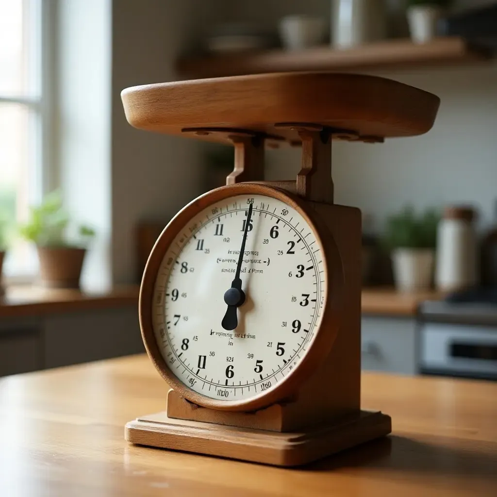 a photo of a vintage wooden kitchen scale on a countertop