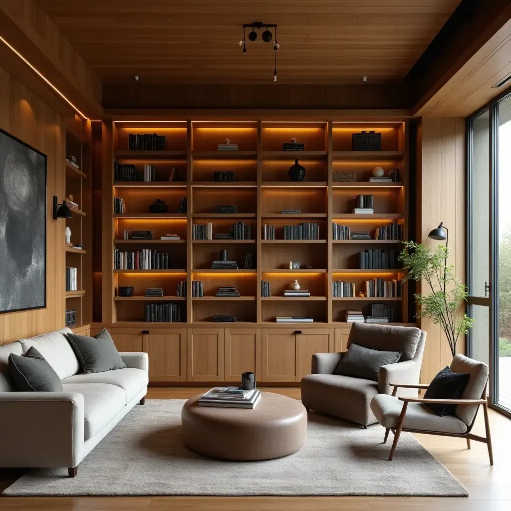 a photo of a modern library with built-in shelves and cozy seating