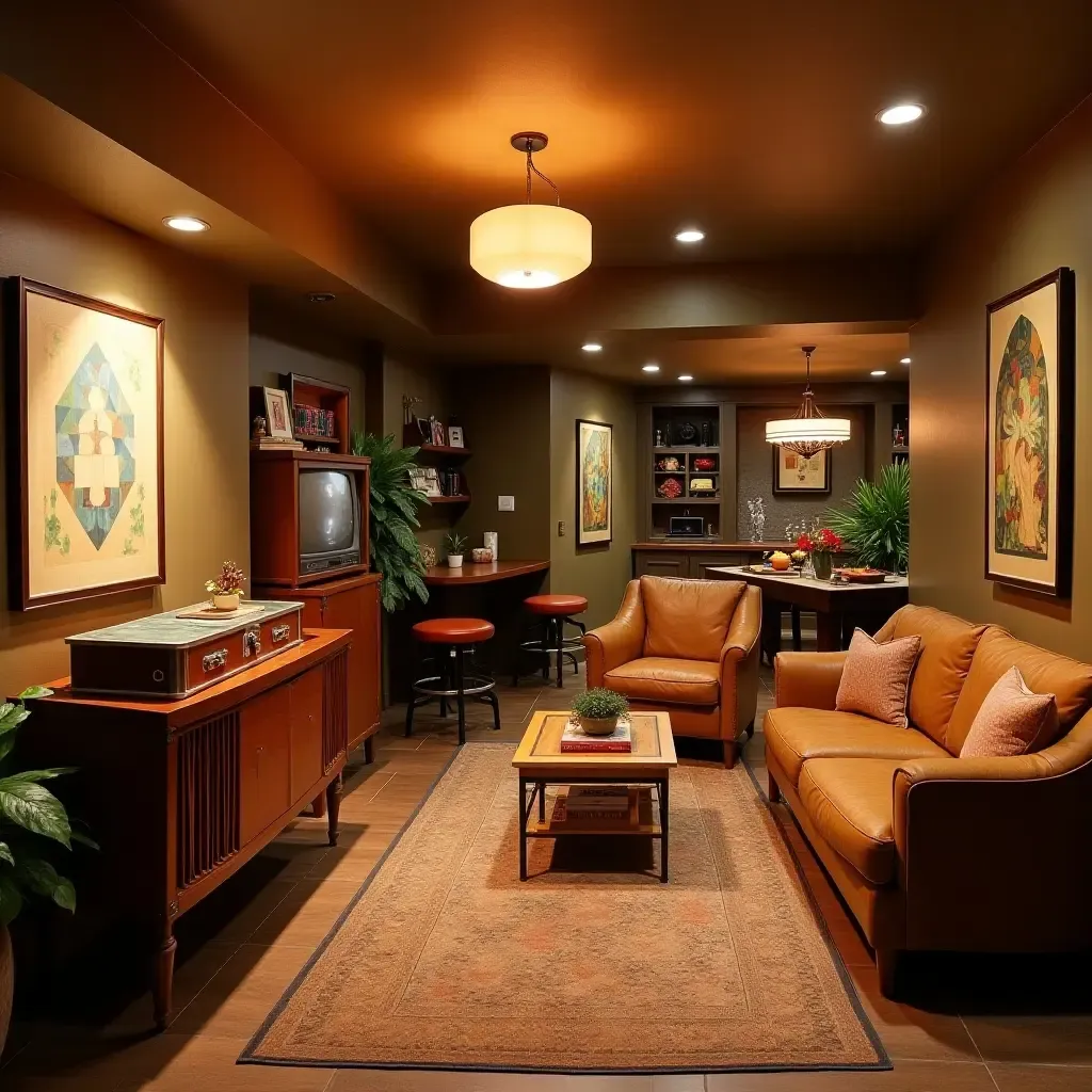 a photo of a vintage-themed basement with retro furniture and decor