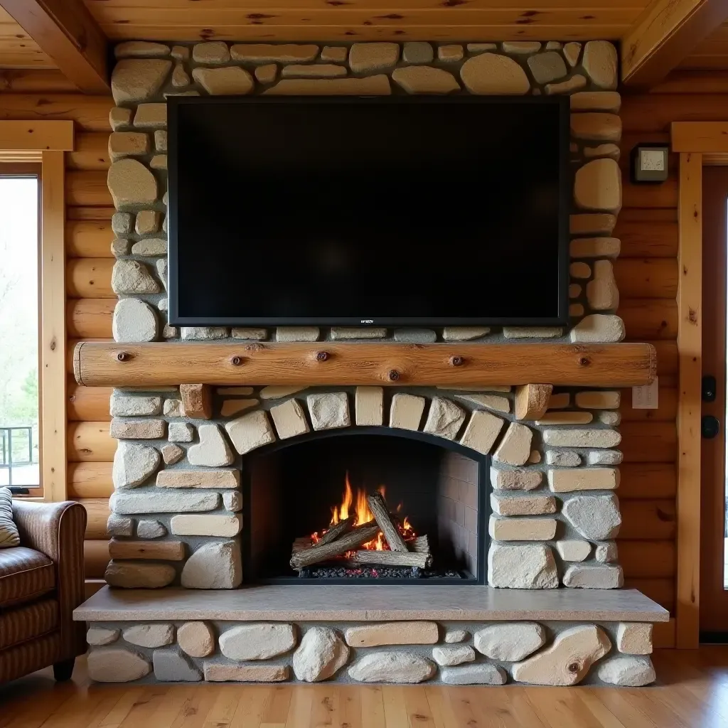 a photo of a rustic lodge with a TV integrated into a stone fireplace mantel surrounded by logs