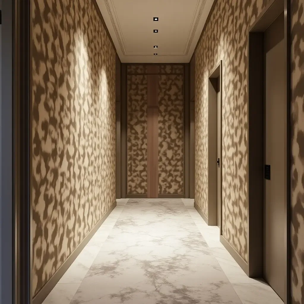 a photo of a hallway featuring a bold, textured wallpaper