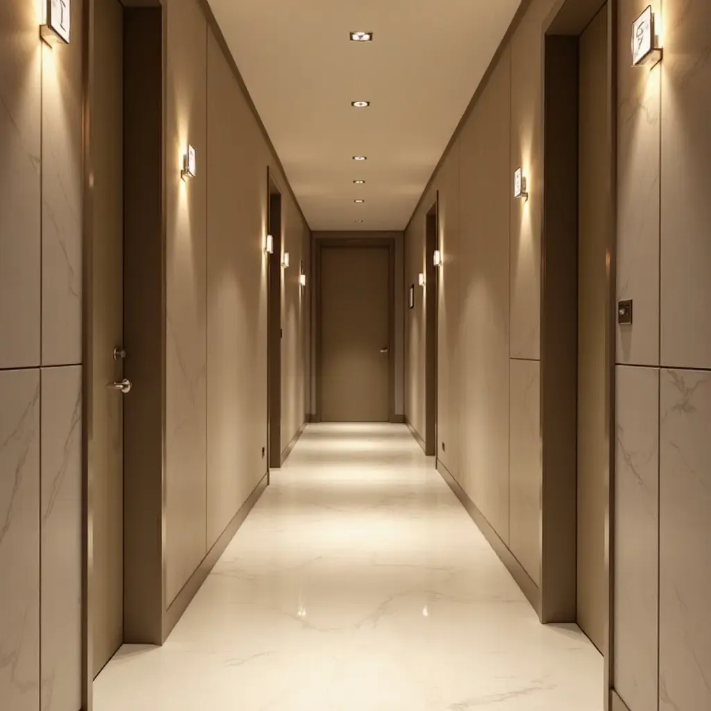 a photo of a stylish narrow corridor with wall-mounted lighting