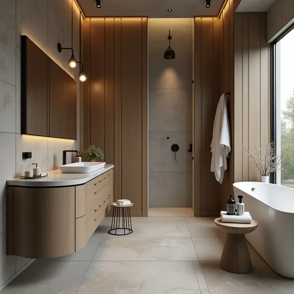 a photo of a bathroom with metal and wood combination