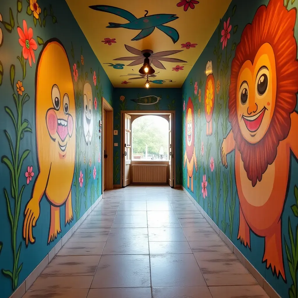 a photo of a colorful mural in a corridor with whimsical creatures