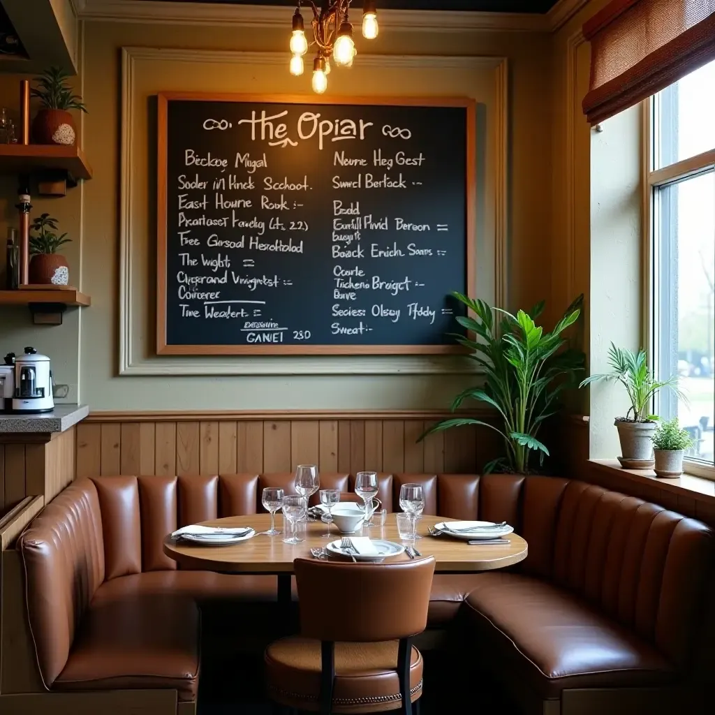 a photo of a breakfast nook with a chalkboard menu and cozy atmosphere