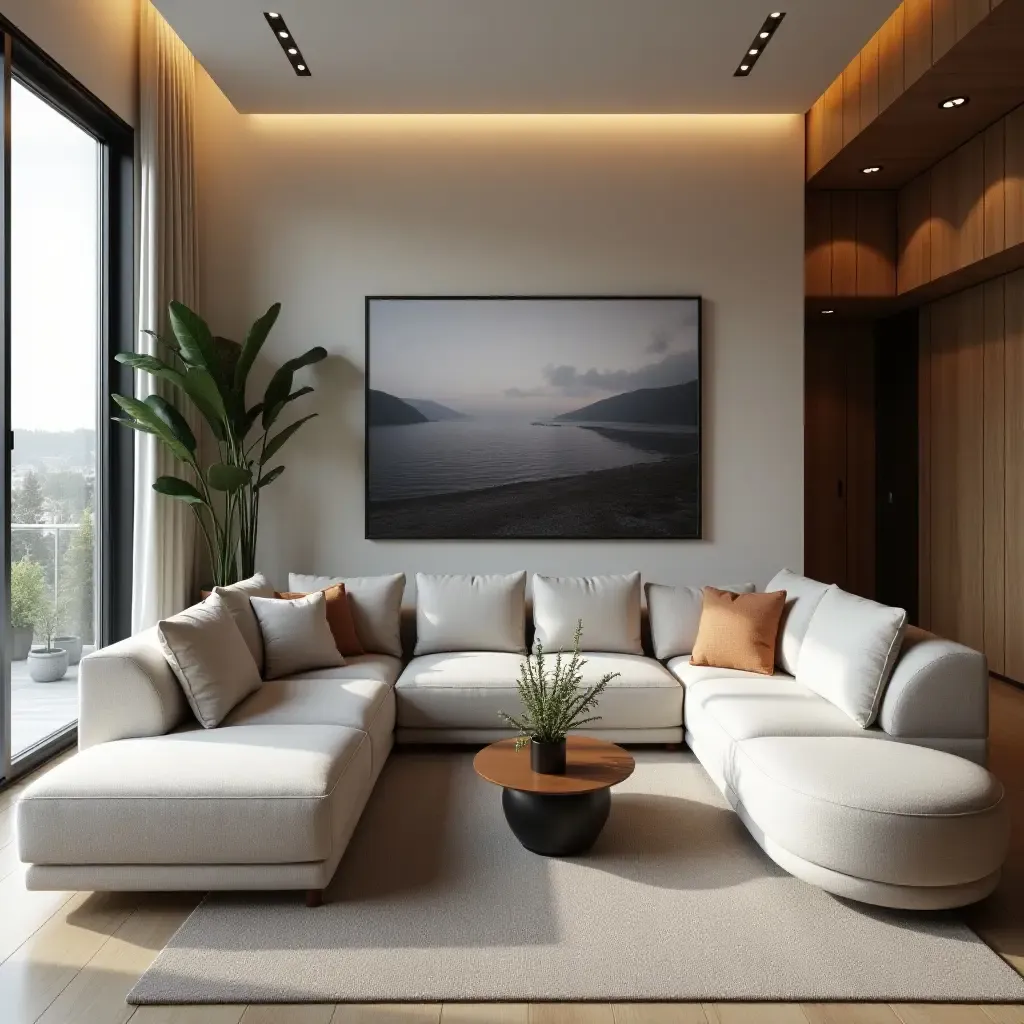 a photo of a cozy TV room featuring a large sectional sofa and a modern coffee table