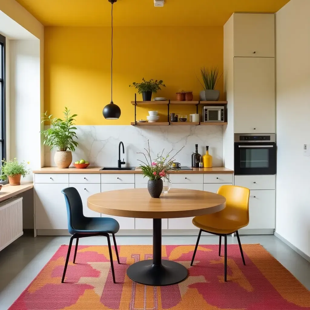 a photo of a vibrant kitchen with a colorful rug under the dining table