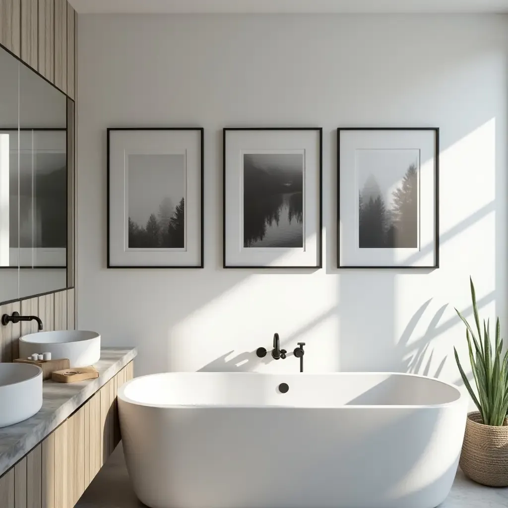 a photo of a series of black and white photography frames in a bathroom