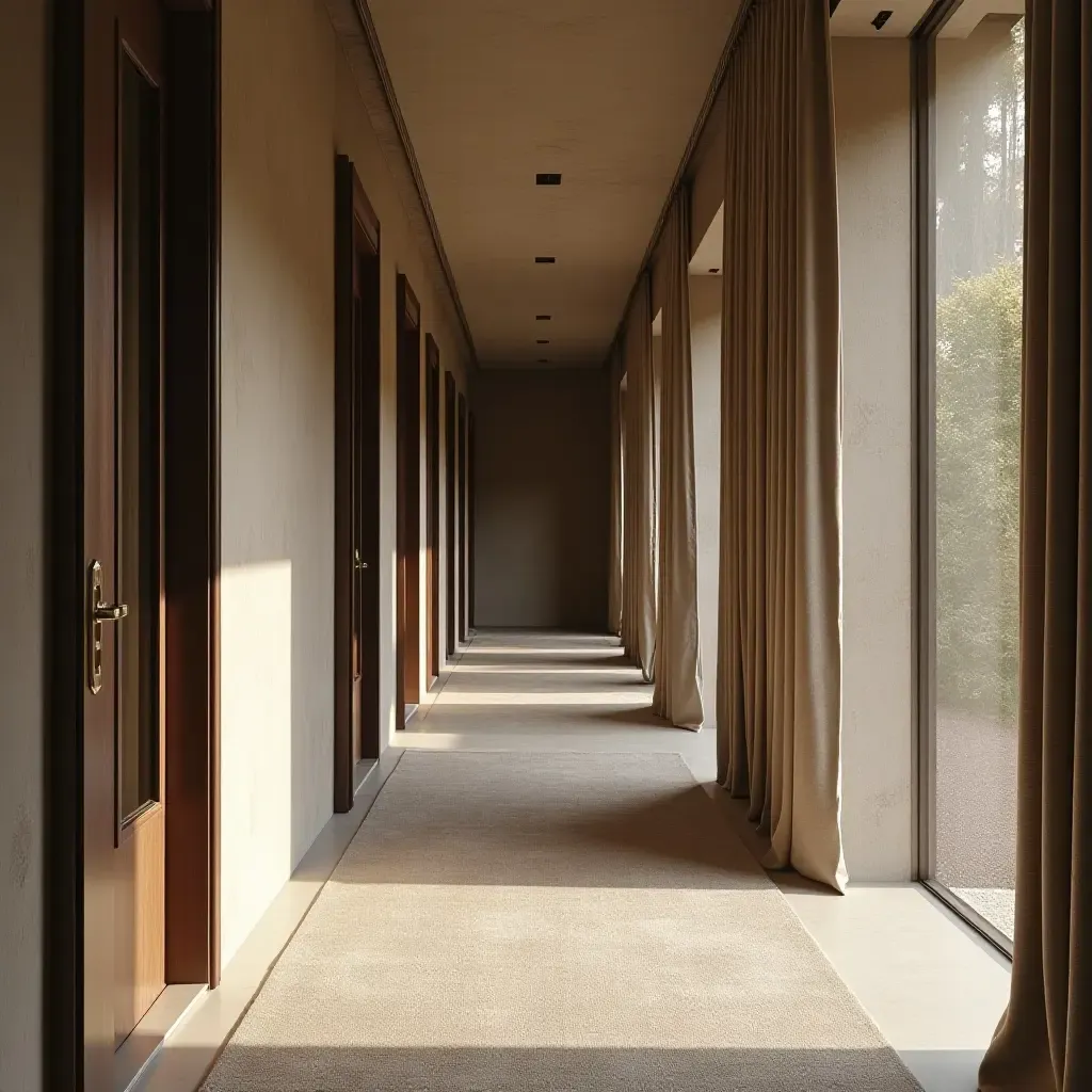 a photo of a stylish corridor with layered textures and fabrics