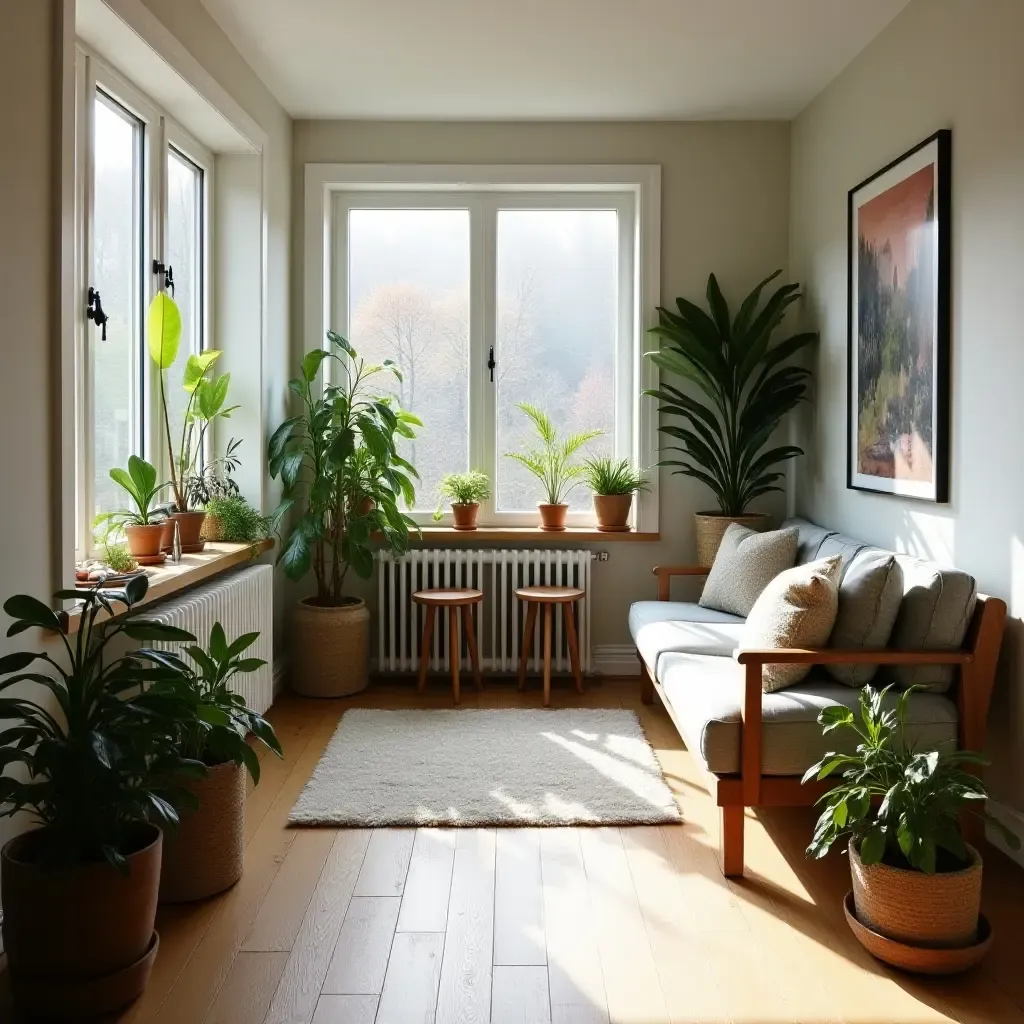 a photo of a Scandinavian-style basement with plants and natural light