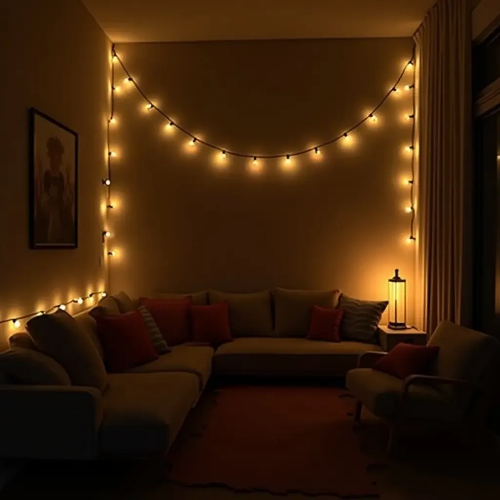 a photo of a cozy small living room with string lights