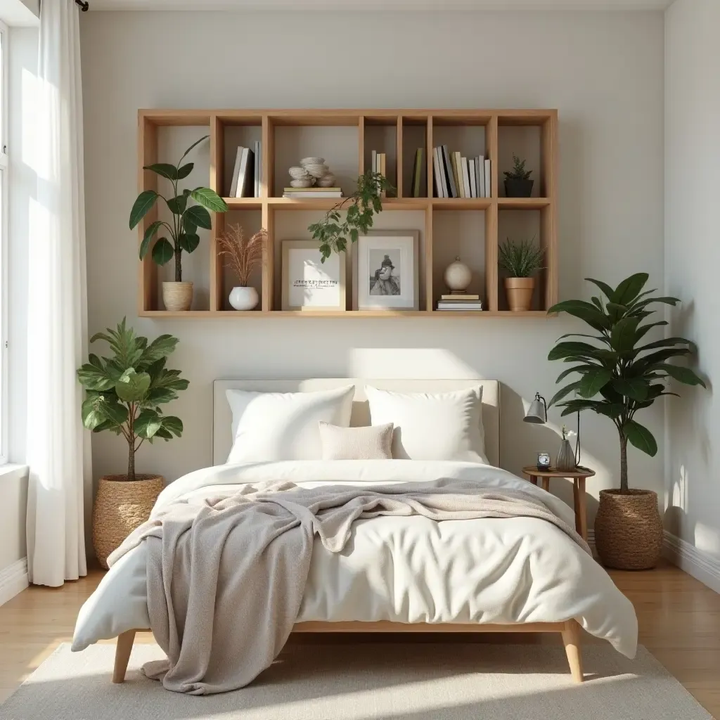 a photo of a bright bedroom showcasing a unique geometric bookshelf and plants