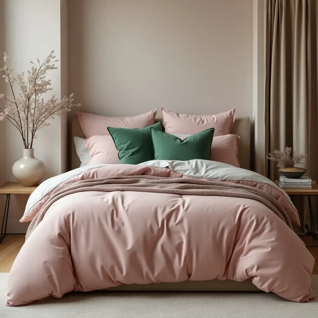 a photo of a stylish bedroom with dusty pink bedding and green pillows